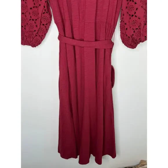 Boden Eden Broderie Jersey Puff Sleeve Midi Dress Garnet Red Women's Size 8P - Picture 11 of 11